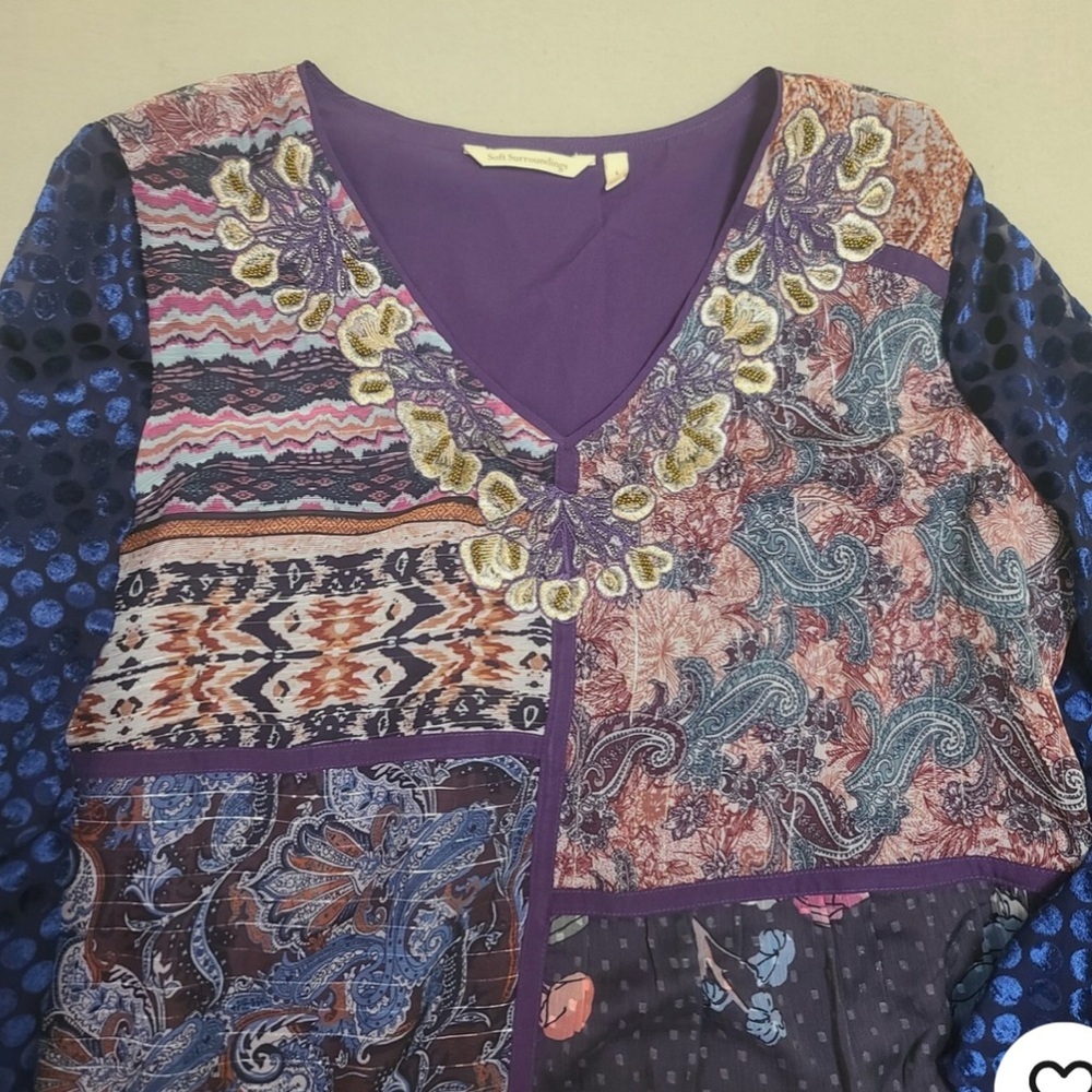 Soft Surroundings Patchwork Floral V-Neck Blouse in Purple and Blue - Picture 3 of 11